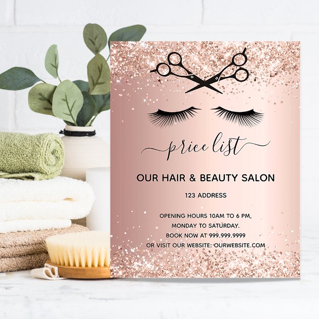 Hair beauty salon rose gold glitter pricelist flyer (Creator Uploaded)