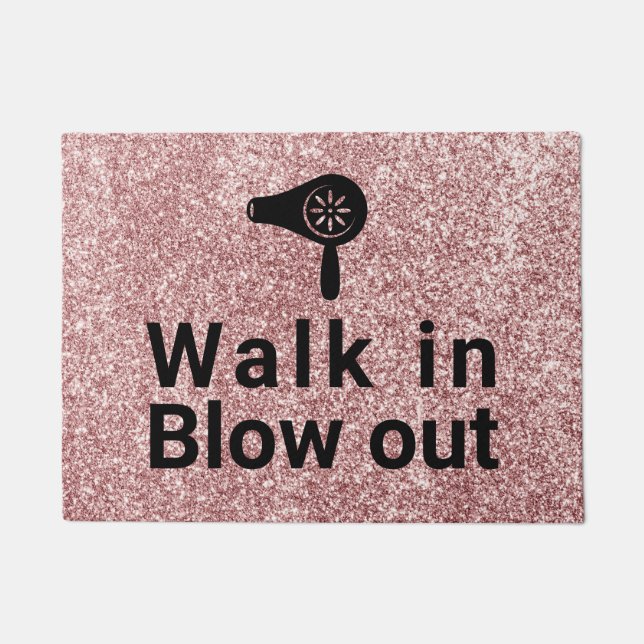 Hair Blow Dry Bar Rose Gold Glitter Salon Welcome Doormat (Front)