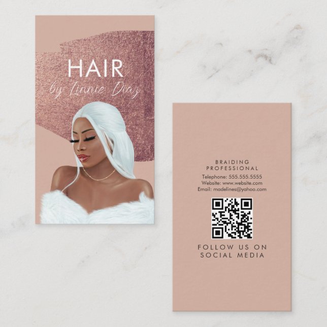 Hair Braid Salon Beauty Black Script Rose Pink Business Card (Front/Back)