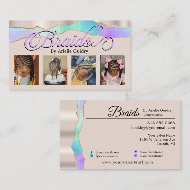 Hair Braiding Braid Stylist Add Photos Holographic Business Card (Front/Back)