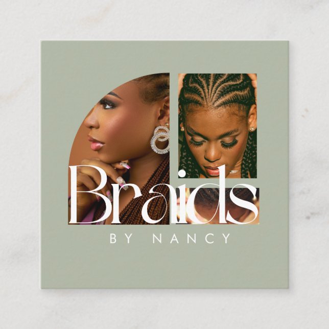 Hair Braiding Photo Collage Sage Green  Square Business Card (Front)