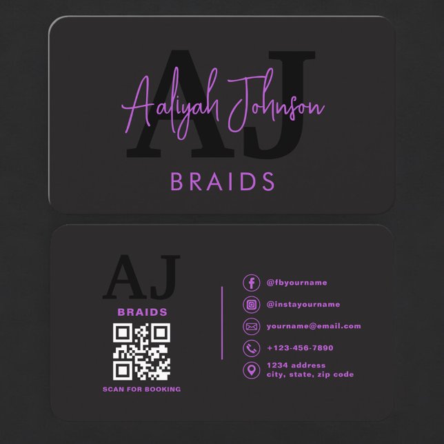 Hair Braiding QR Code Business Card Purple Black (Creator Uploaded)