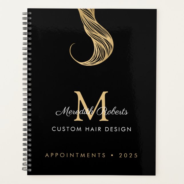  Hair Colourist Stylist Salon Gold Black Monogram Planner (Front)