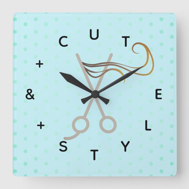 Hair Cut Scissors Letter Numbers Square Wall Clock (Front)