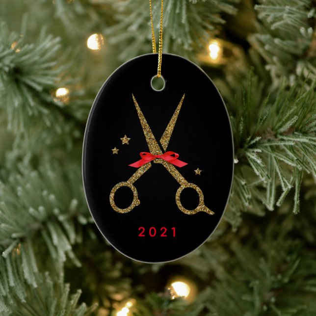 Hair dresser stylist Golden glitter scissors  Ceramic Ornament (Tree)