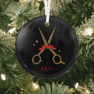 Hair dresser stylist Golden glitter scissors Metal Glass Ornament