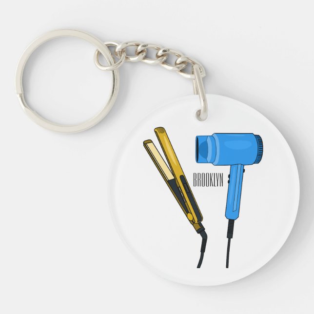 Hair dryer & hair straightener illustration keychain (Front)