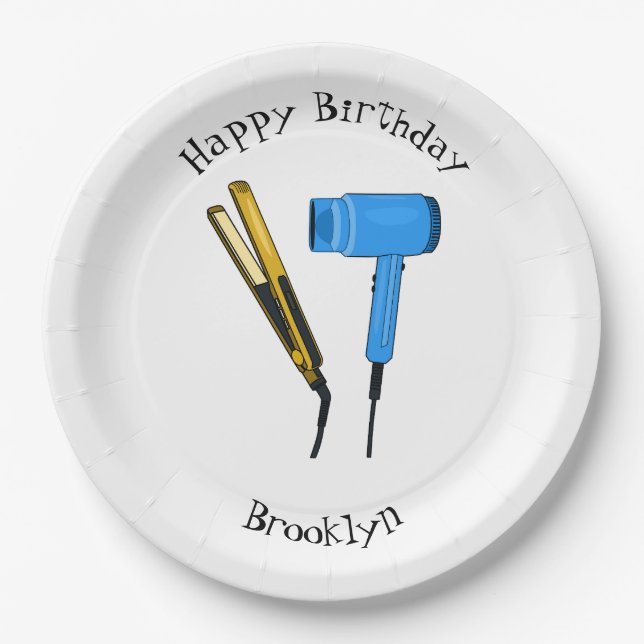 Hair dryer & hair straightener illustration paper plate (Front)