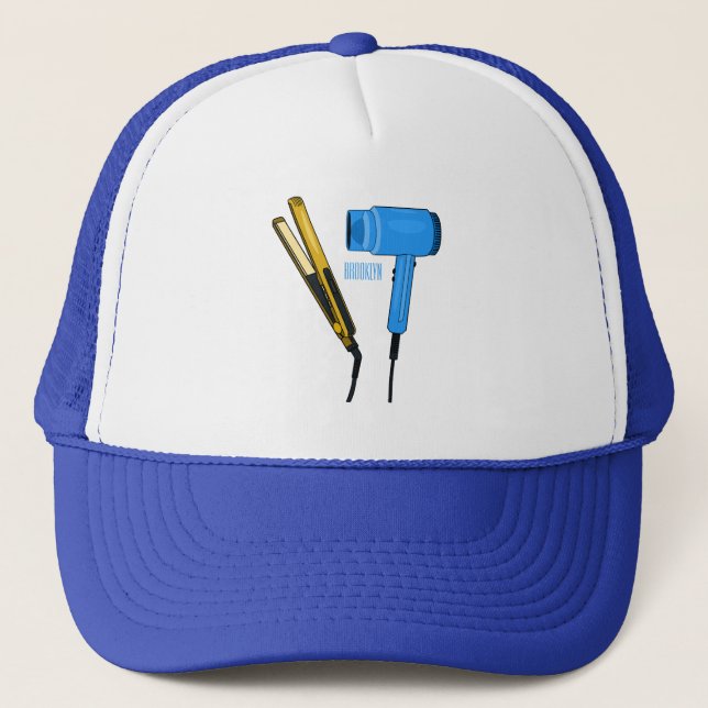 Hair dryer & hair straightener illustration trucker hat (Front)