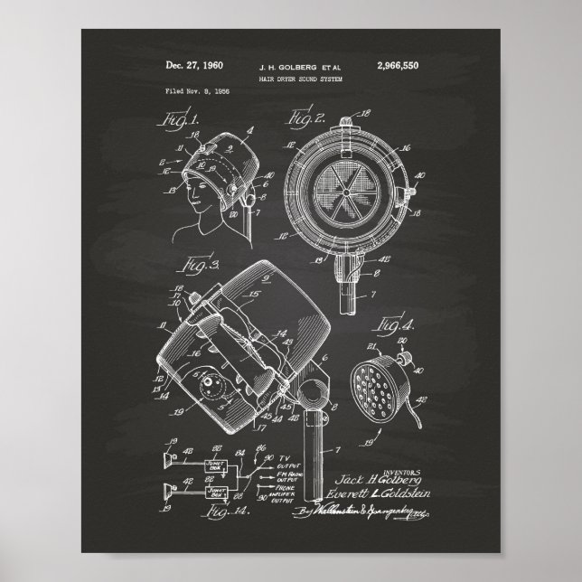 Hair Dryer System 1960 Patent Art Chalkboard Poster (Front)