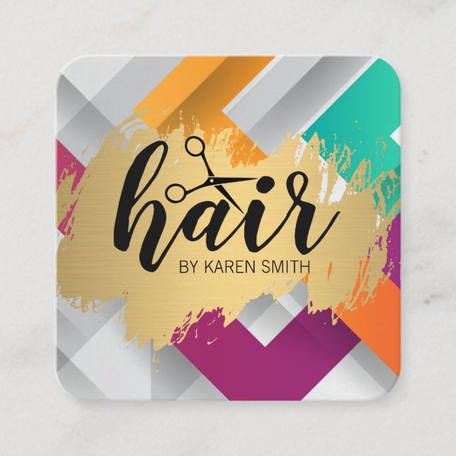 HAIR / Gold Brushed / Modern Colourful Stripes Square Business Card (Front)