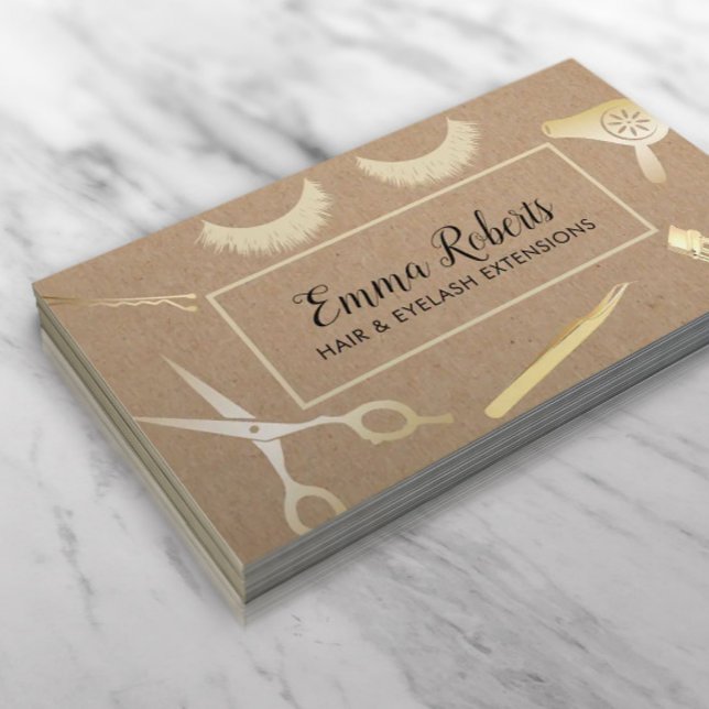Hair & Lashes Beauty Salon Rustic Kraft Business Card (Creator Uploaded)