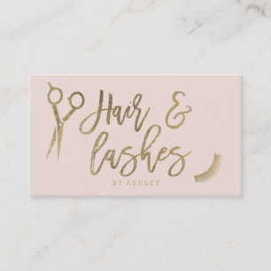 Hair lashes script gold typography blush pink business card