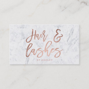 Hair lashes script rose gold typography marble business card