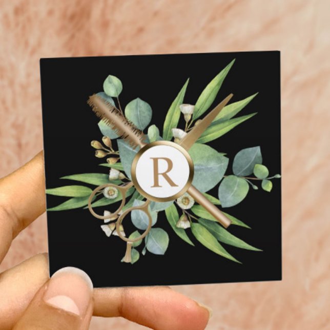 Hair & Lashes Stylist Greenery Gold Beauty Salon Square Business Card (Creator Uploaded)