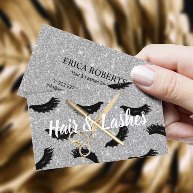 Hair & Lashes Stylist Silver Glitter Beauty Salon Business Card (Creator Uploaded)