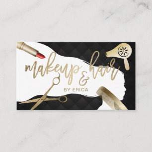 Hair & Makeup Beauty Salon Black & Gold Typography Business Card