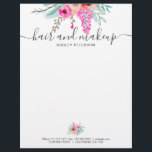 Hair makeup mint pink floral watercolor details letterhead<br><div class="desc">Professional elegant modern,  stylish hair and makeup artist letterhead typography with hand painted red burgundy roses,  pastel pink and neon pink flowers with green and brown leaf and branches in a botanical bouquet arrangement. An elegant script calligraphy, </div>