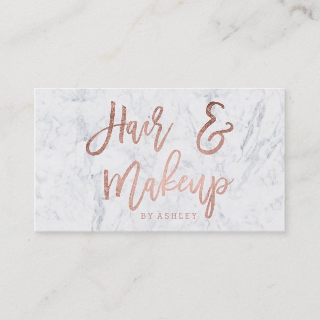 Hair Makeup script rose gold typography marble Business Card (Front)