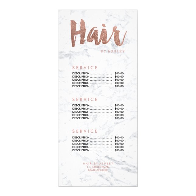 Hair modern gold typography marble price list 7 rack card (Front)