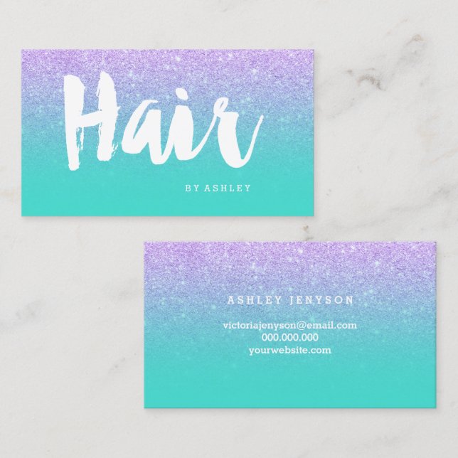 Hair modern typography lavender glitter turquoise business card (Front/Back)