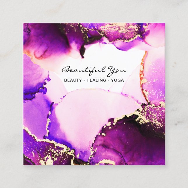 *~* Hair Nails Lashes Purple Magenta Gold Reiki Square Business Card (Front)