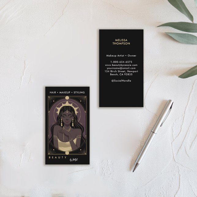 Hair Nails Makeup Salon Celestial Mystic Tarot  Business Card (tarot card business card celestial mystical gold black purple makeup hair lash psychic reiki healer)