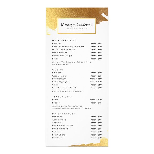 HAIR PRICE LIST luxe modern gilded gold edges Rack Card (Front)