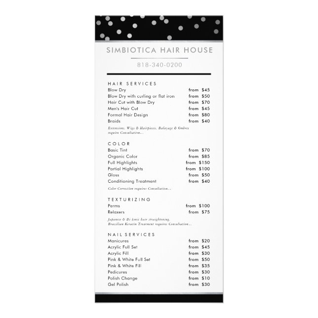 HAIR PRICE LIST modern glam polka dot silver black Rack Card (Front)