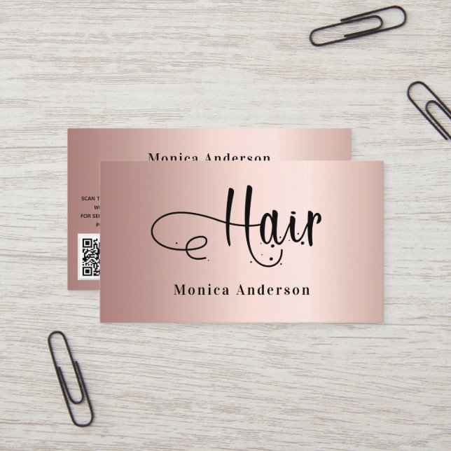 Hair rose gold blush elegant QR code script Business Card (Front/Back In Situ)