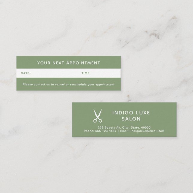 Hair Salon Appointment Reminder Scissors Green Mini Business Card (Front/Back)