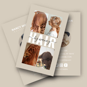 Hair Salon Calligraphy Script Photo Collage Beige  Business Card