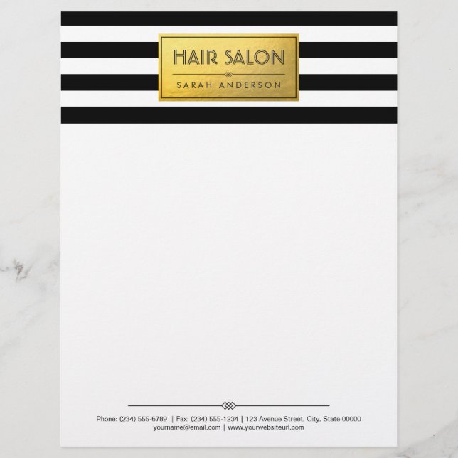 HAIR SALON - Classy Gold Label Black White Stripes Letterhead (Front)