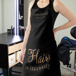Hair salon employee personalized black and gold apron<br><div class="desc">Trendy modern glamourous elegant salon and hairstylist / hairdresser name apron with trendy chic typography in black and faux metallic copper gold with scissors and a little heart. Suitable for hairstyle salon, beauty studio, hairdresser, professional hairstylist. Perfect choice for an elegant stylish sophisticated professional look. Please note that the background...</div>