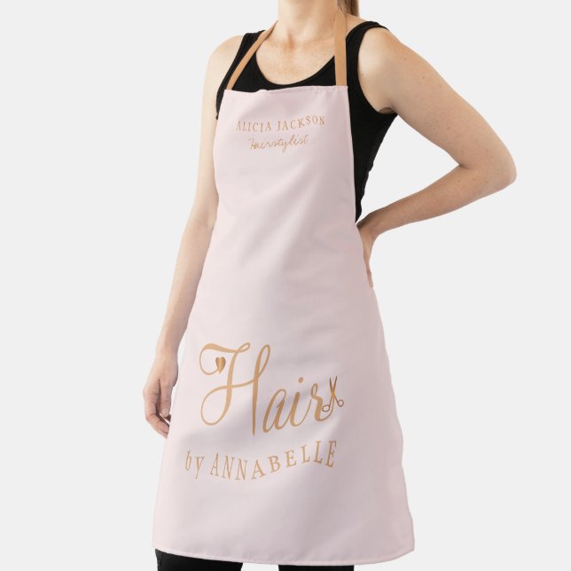Hair salon employee personalized pink and gold apron (Insitu)