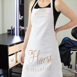 Hair salon employee personalized white and gold apron<br><div class="desc">Trendy modern glamorous elegant salon and hairstylist / hairdresser name apron with trendy chic typography in white and faux metallic copper gold with scissors and a little heart. Suitable for hairstyle salon, beauty studio, hairdresser, professional hairstylist. Perfect choice for an elegant stylish sophisticated professional look. Please note that the background...</div>