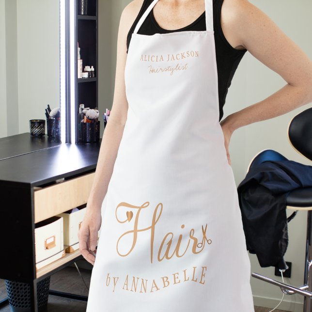 Hair salon employee personalized white and gold apron (Creator Uploaded)