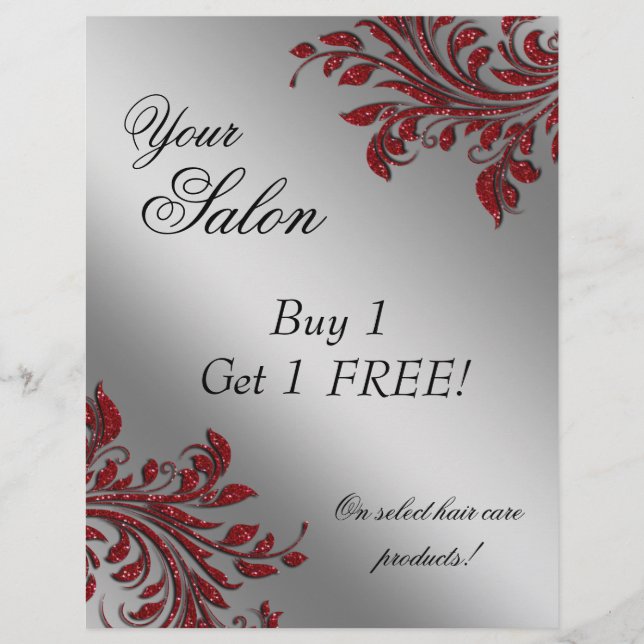 Hair Salon Flyer Sale Zebra Sparkle Red Silver (Front)