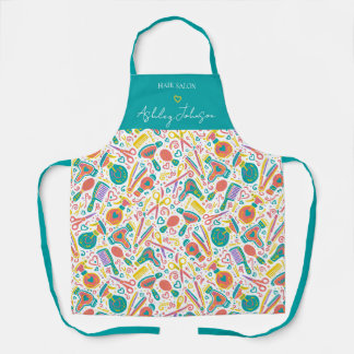 Hair salon folk pattern — teal, coral & mustard apron