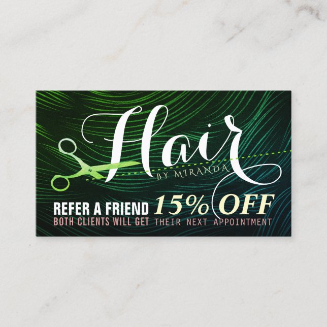 Hair Salon Hairstylist Green Gold Scissor Referral (Front)
