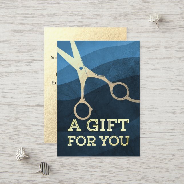 Hair Salon Hairstylist Modern Blue & Gold Scissors Discount Card (Front/Back In Situ)