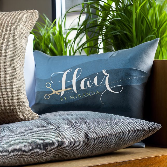 Hair Salon Hairstylist Modern Blue & Gold Scissors Lumbar Pillow (Creator Uploaded)