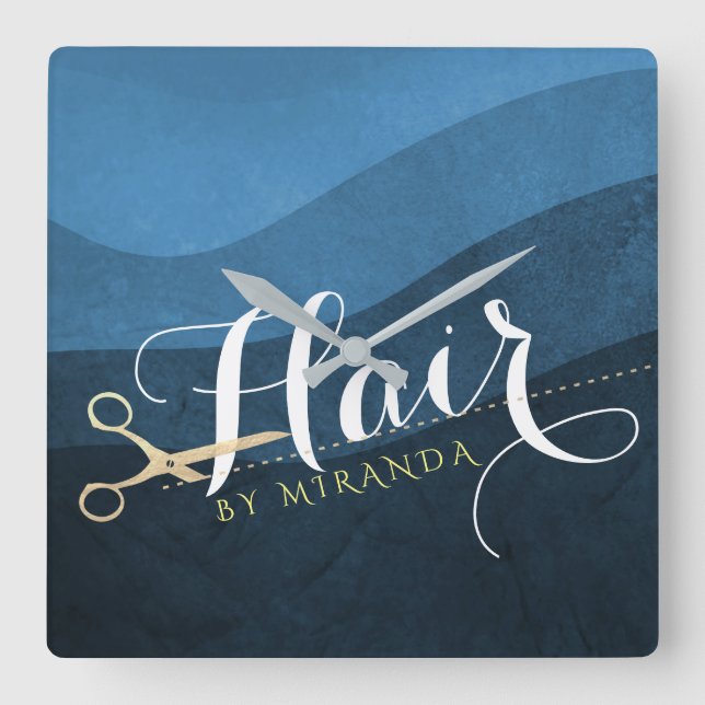 Hair Salon Hairstylist Modern Blue & Gold Scissors Square Wall Clock (Front)