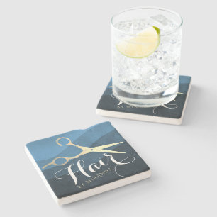 Hair Salon Hairstylist Modern Blue & Gold Scissors Stone Coaster