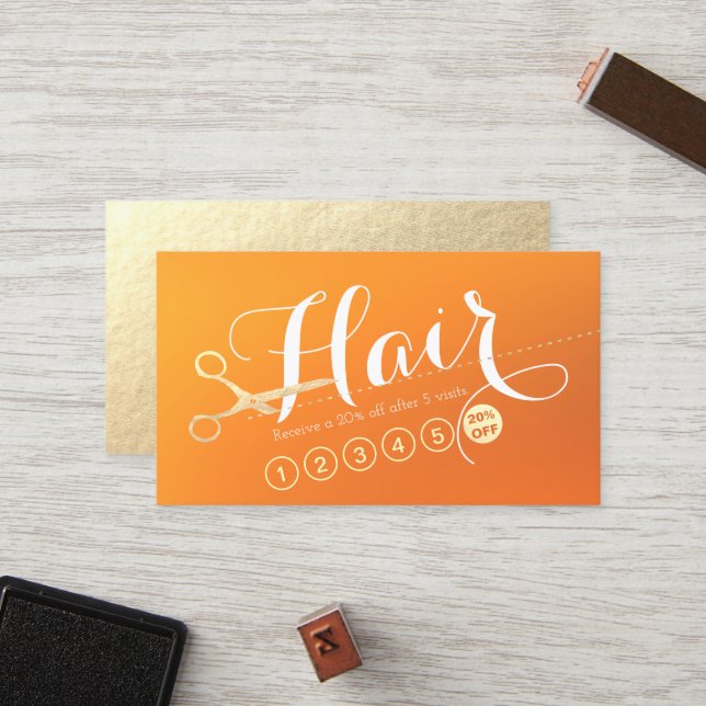 Hair Salon Hairstylist Modern Orange Gold Scissors Loyalty Card (Front/Back In Situ)