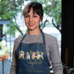 Hair salon hairstylist's name and typography logo apron<br><div class="desc">Personalized hairstylist / hair dresser name dark navy blue apron with blush pink and faux gold foil floral typography logo.</div>