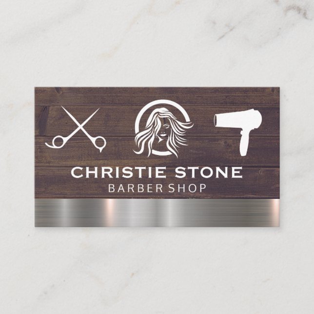 Hair Salon Logo | Tools | Wood Metal Business Card (Front)