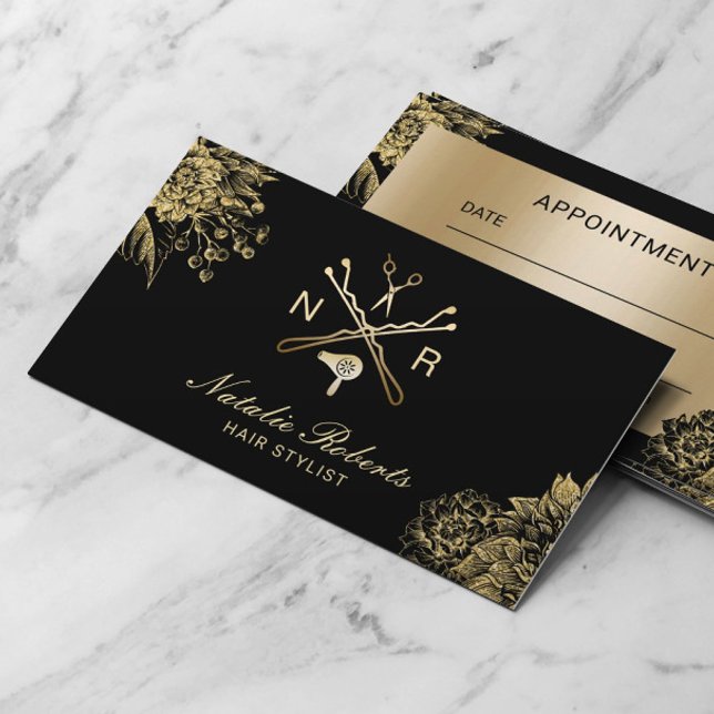Hair Salon Modern Black & Gold Floral Appointment Card (Creator Uploaded)