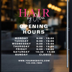 Hair Salon Pink Business Opening Hours White Window Cling
