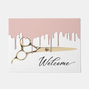 Hair Salon Rose Gold Dripping & Scissor Welcome Doormat